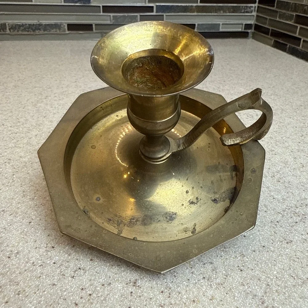 Vintage Archana Handicrafts Brass Chamberstick Candle Holder Octagon Base India